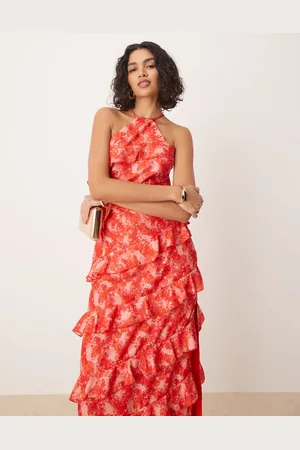 Pretty Lavish Halter ruffle midaxi dress in pink abstract floral