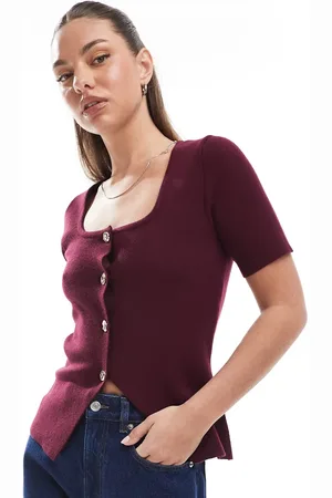 New Look Square neck short sleeve cardigan in -Red