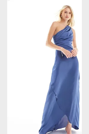 TFNC Bridesmaid satin one shoulder maxi dress with wrap skirt in