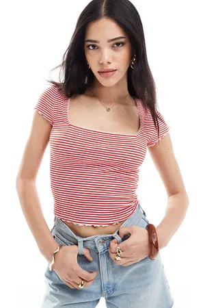 Miss Selfridge Lace trim rib short sleeve top-White