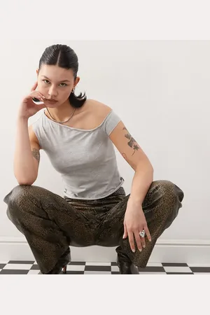 COLLUSION Off shoulder short sleeve top in grey marl