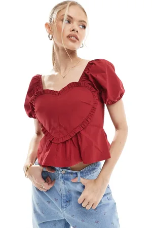 The Frolic Exclusive puff sleeve ruffle heart detail peplum crop top in (part of a set)