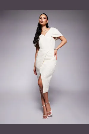 Lavish Alice Draped bardot sequin boucle midi dress in -Neutral