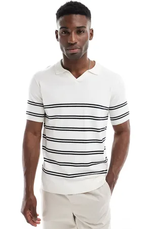 French Connection French Connection short sleeve knitted polo shirt in ecru and navy stripe-Multi
