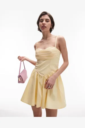SNDYS Strappy poplin drape mesh bust sweetheart neck mini dress in buttercream-Yellow