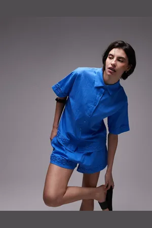 SNDYS Linen blend short sleeve flower applique detail shirt in bright blue (part of a set)