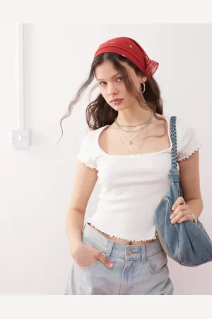 Miss Selfridge Pointelle square neck lace trim tee in -Multi