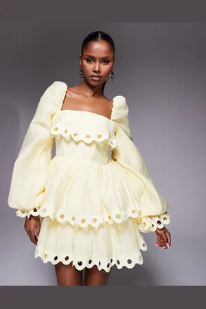 ASOS Tiered puff sleeve mini dress with cut out trim in -Yellow