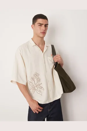 ASOS Oversized boxy linen look shirt with embroidery in beige-Neutral
