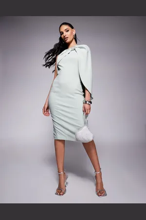 Lavish Alice One shoulder embellished bow cape midi dress in sage-Green