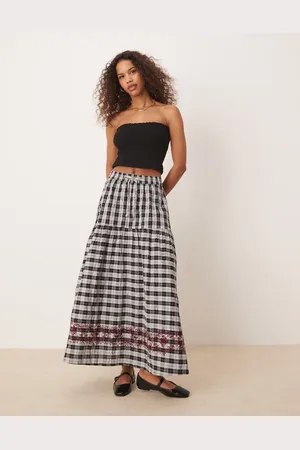 Neon Rose Gingham embroidered detail midaxi skirt in grey