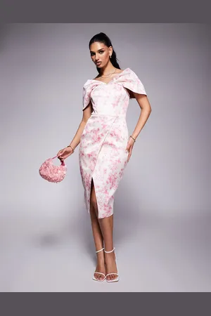 Lavish Alice Draped bardot bonded satin midi dress in fuchsia porcelain print-Pink