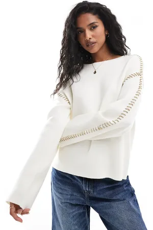 Y.A.S Contrast stitch detail jumper in cream-White