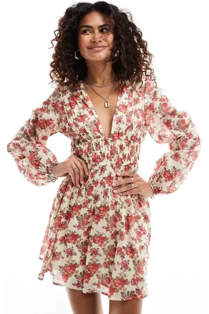 Free People Floral bloom v-neck boho mini dress in bright pink