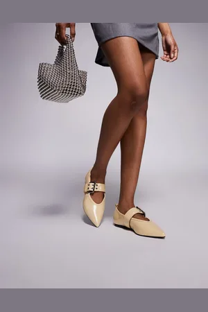 River Island Pointed buckle detail ballet shoes in butter -Neutral