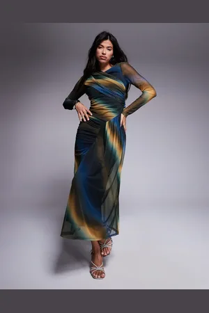 DASKA Mesh draped maxi dress in abstract print-Multi