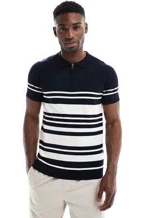 French Connection French Connection zip knitted polo shirt in navy and ecru stripe-Multi