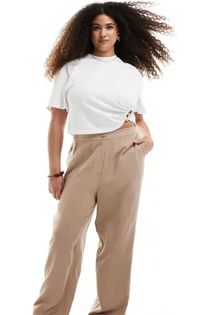 ASOS Curve relaxed straight leg pants with linen in -Brown