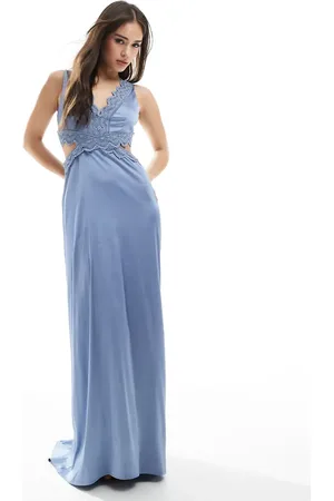 TFNC Bridesmaid satin maxi dress with scalloped lace detail in