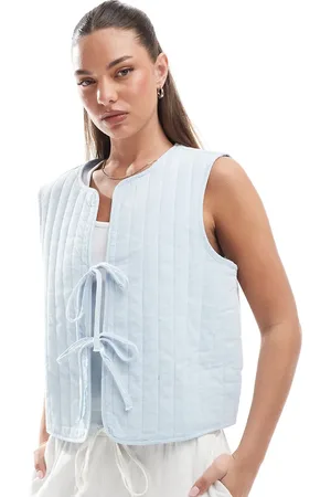 Pieces® Lightweight quilted tie front summer vest in light blue