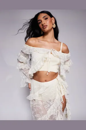 South Beach Off shoulder ruffle lace top in -Neutral
