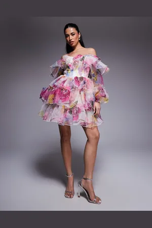 ASOS Organza off shoulder tiered mini dress in print-Multi