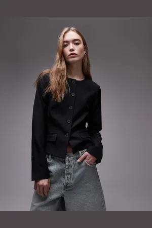 Topshop Round neck collarless blazer in -Grey