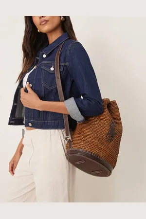 Ralph Lauren Raffia bucket bag with contrast pony player logo in dark brown