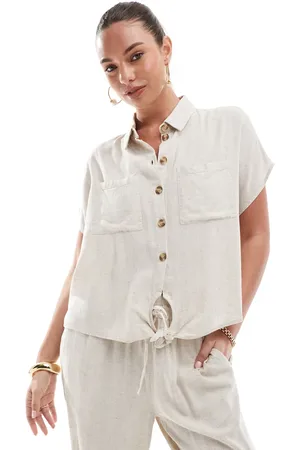 Pieces® Tie front linen blend shirt in (part of a set)-White