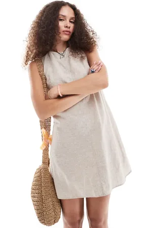 Monki Linen mini dress with open back and tie up detail in -Neutral