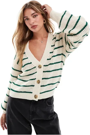 JDY Knitted cardigan in with green stripe-White
