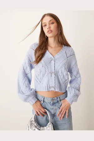 The Frolic Exclusive pointelle stitch diamante bow balloon sleeve cardigan in blue