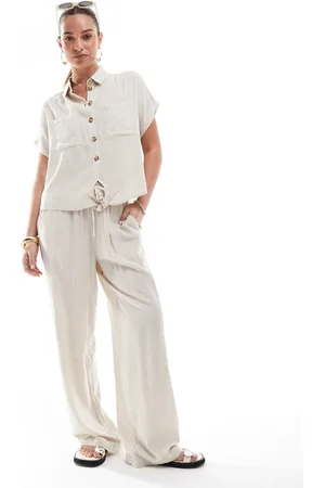 Pieces® Wide leg linen blend pants in cream (part of a set)-White