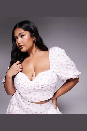 ASOS Curve cotton sateen puff sleeve top in ditsy floral (part of a set)