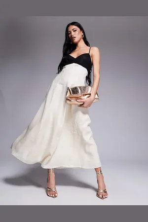 Forever New Contrast linen midaxi dress in black and cream