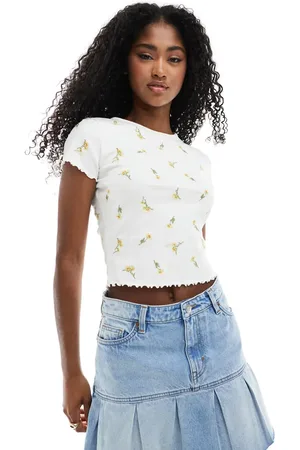 Miss Selfridge Embroidered short sleeve ribbed lettuce edge t-shirt-Multi