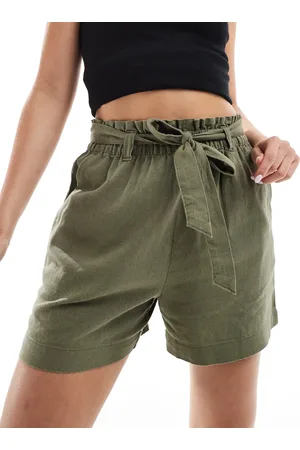JDY Tie waist linen mix shorts in khaki (part of a set)-Green