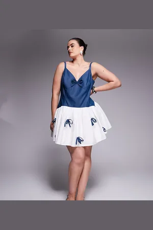 ASOS Curve chambray mini dress with bow detail and contrast poplin skirt in