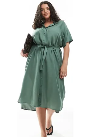 VERO MODA Shirt midi dress with tie belt in green