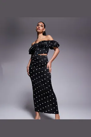 Kaiia Exclusive bodycon satin maxi skirt in black polka dot (part of a set)-Multi