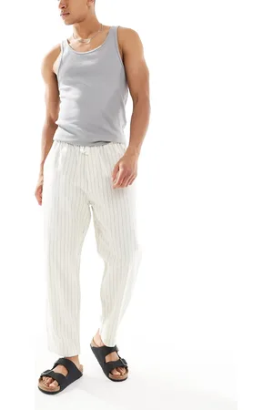 Pull&Bear Linen blend striped pants in -Neutral
