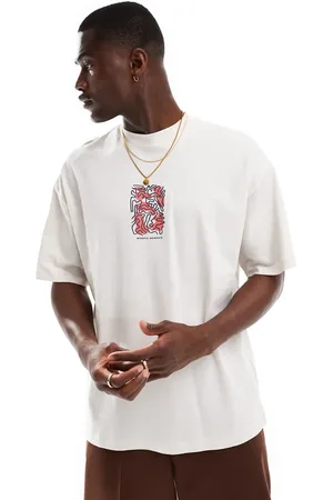 SELECTED Super oversized t-shirt with central print in cream-White