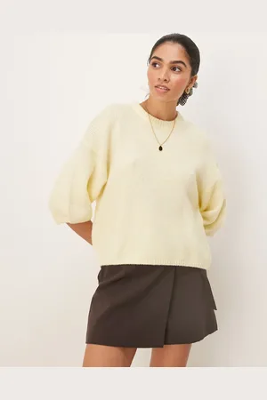 Gina Tricot Short sleeve knitted crew neck puff sleeve top in butter yellow