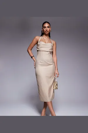 Kaiia Exclusive tailored drape bust detail halterneck open back midaxi dress in -Neutral