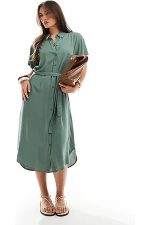 VERO MODA Shirt midi dress with tie belt in green