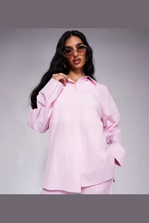 Kaiia Exclusive oversized button through poplin shirt in pink stripe (part of a set)