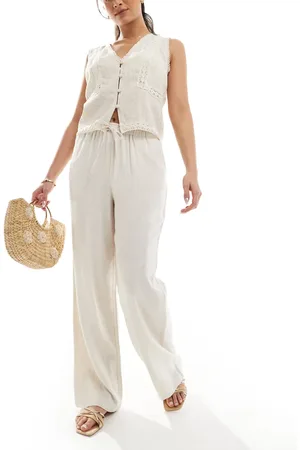 ONLY Pull up linen pants in beige-Neutral