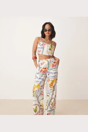 Forever New Linen pants in postcard print (part of a set)-White