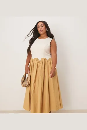 Never Fully Dressed Contrast drop hem midaxi dress in camel-Neutral