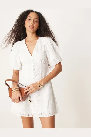 Gina Tricot Long sleeve broderie anglaise v neck graduation mini dress in